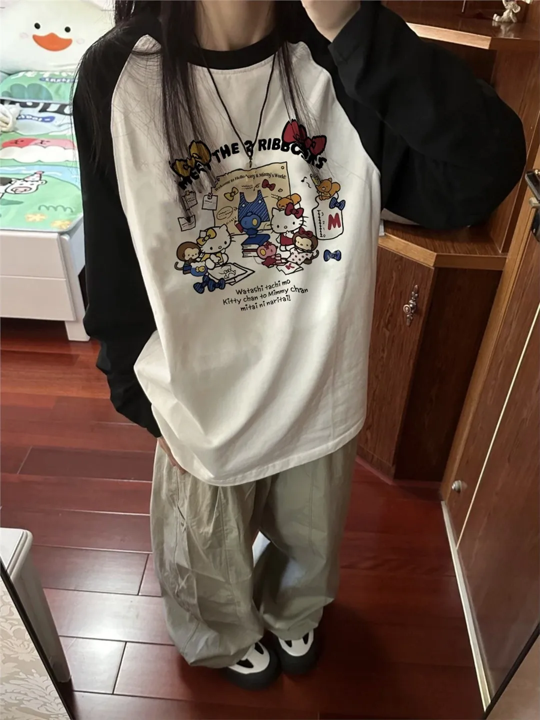 

Футболка из чистого хлопка в стиле ретро American Kit Color Blo Long Sve для девочек средней школы, весна-осень, свободная удобная заклепка...