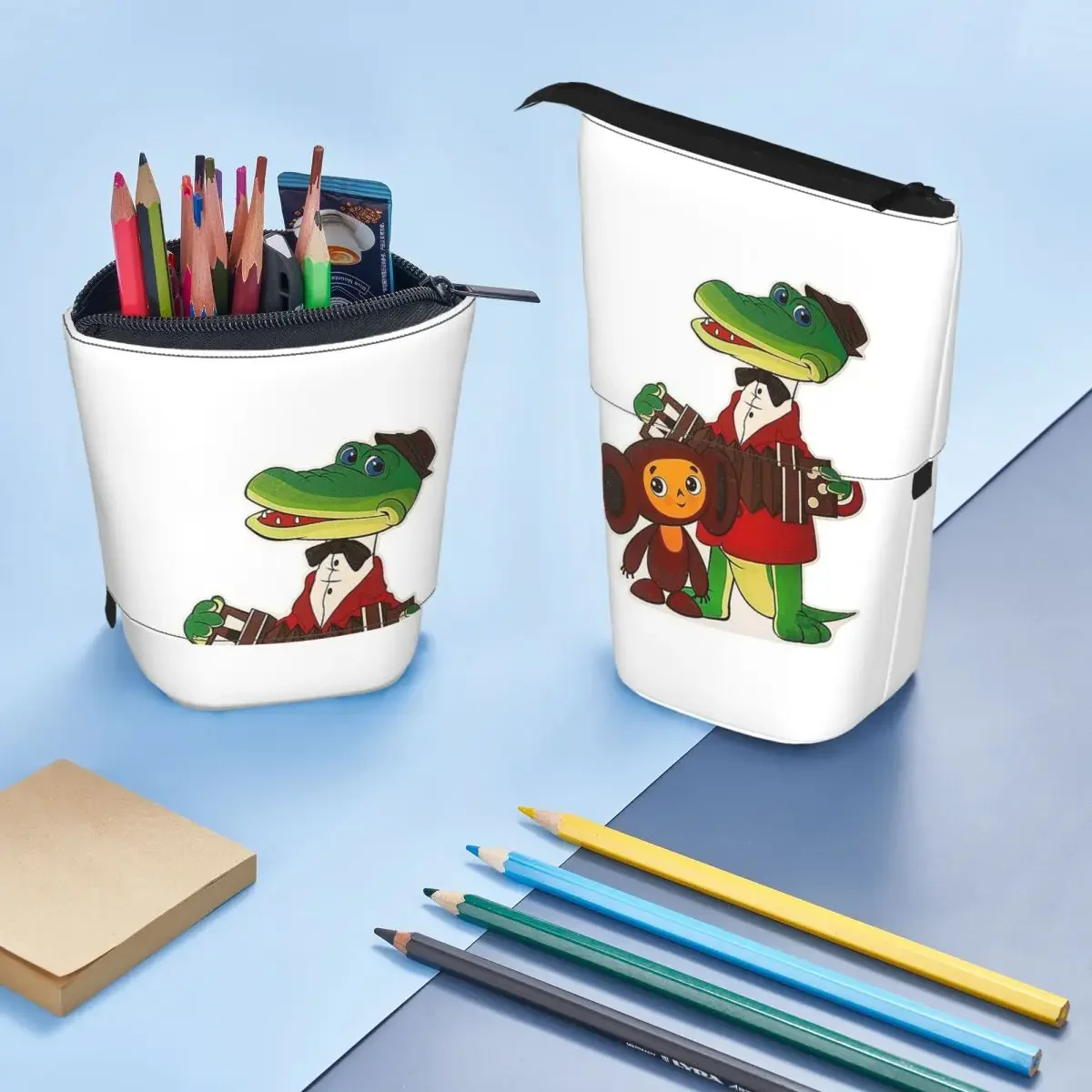 Estuche de lápices reversible Cheburashka y Gena para niños y niñas, caja de lápices escolar, bolsa para lápices, suministros de papelería, bolsa para guardar bolígrafos