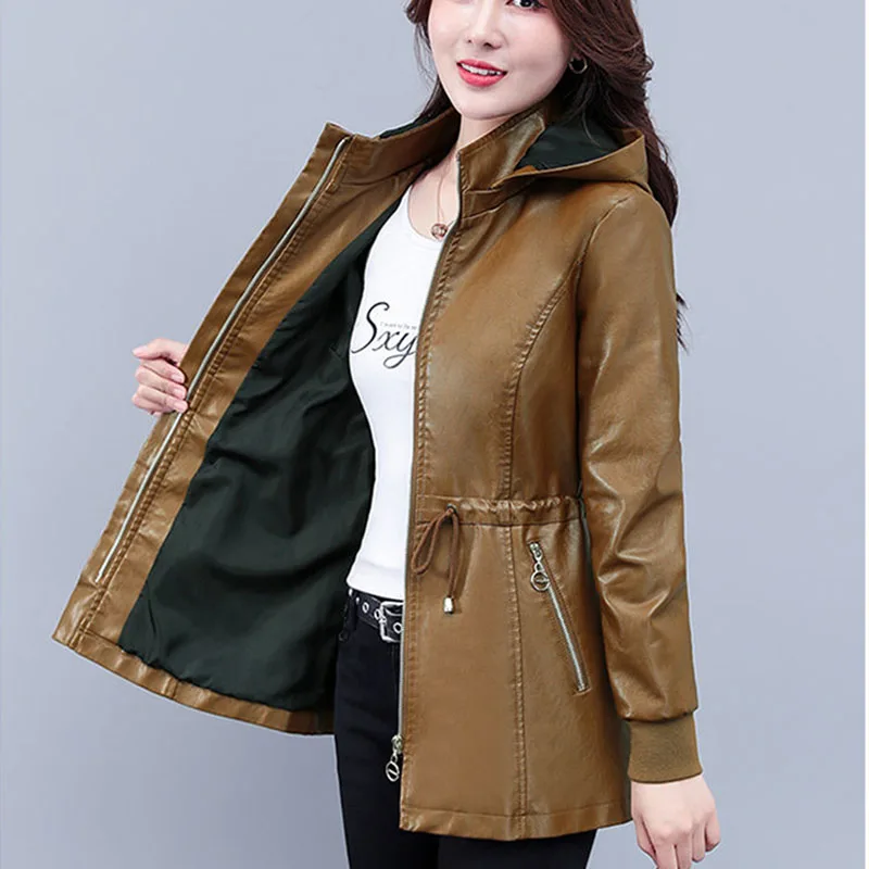 Women\'s PU Leather Coat Spring Autumn Fashion Hooded Motorcycle Jacket Female Casual Zipper Faux Leather Windbreaker 4XL Y1000