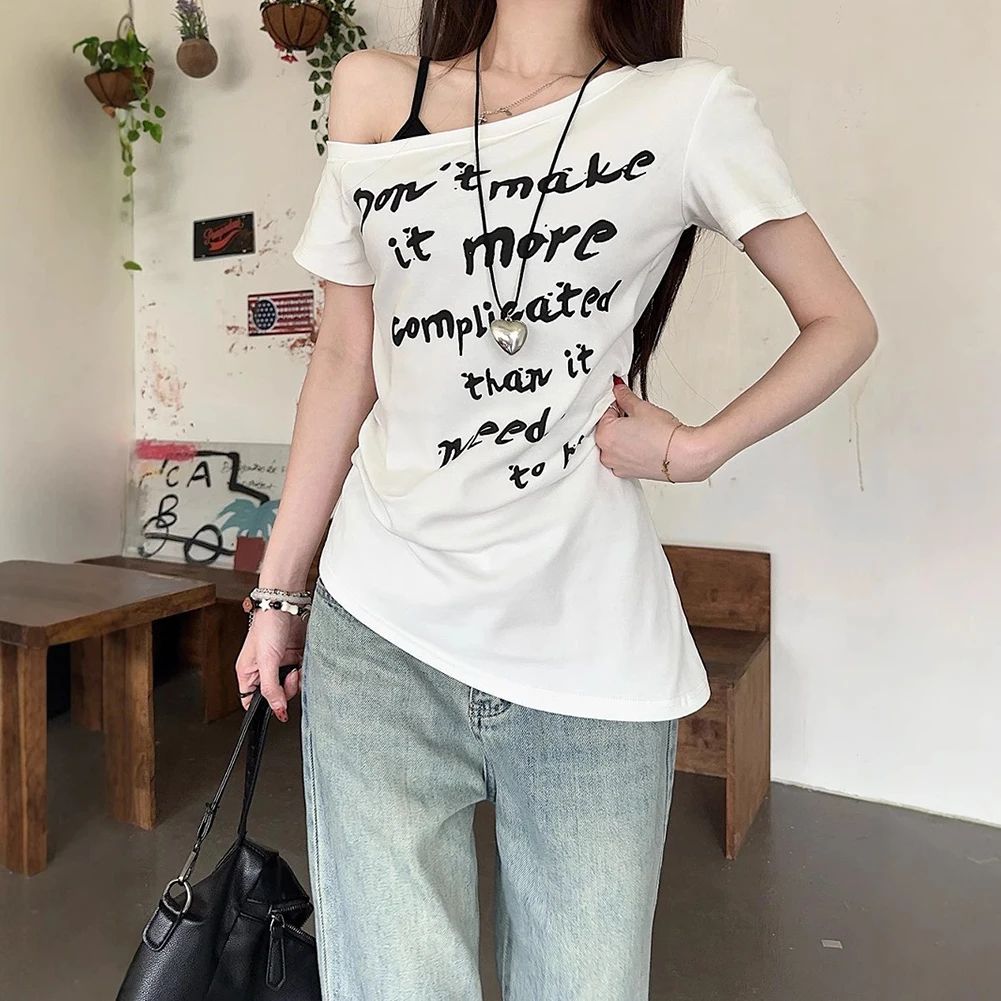 

Street Style Outfit Tag Size L Slim Fit Short Sleeve Casual All-match Tops Brand New Condition Letter Printing Pattern