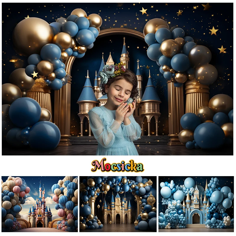 

Mocsicka 3D Kids Birthday Photography Background Newborn Portrait Cake Smash Photo Backdrop Balloon Castle Decoration Props