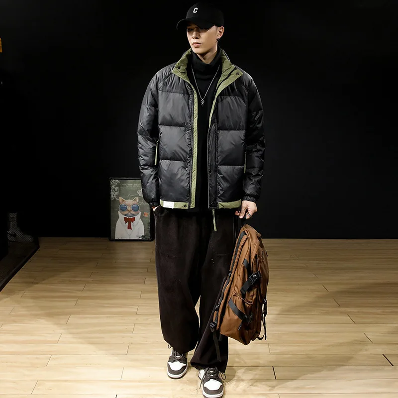 2025 الشتاء الرجال أسفل سترة رشاقته الدافئة التباين اللون الوقوف طوق الذكور ملابس خارجية سحاب أكمام طويلة فضفاضة معطف رجل غير رسمي #4