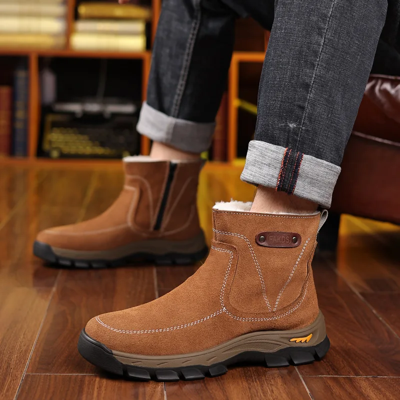 Winter Men Ankle Boots Genuine Leather Warm Men Snow Boots Casual Walking Shoes Mens Zipper Ankle Boots Zapatillas Hombre