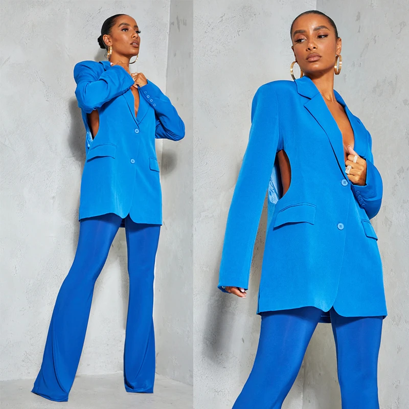 Loose Fashion Women Blazer Suits Blue Cut Out Notched Lapel Flare Pants 2 Pieces Custom Made Casual Young Jacket