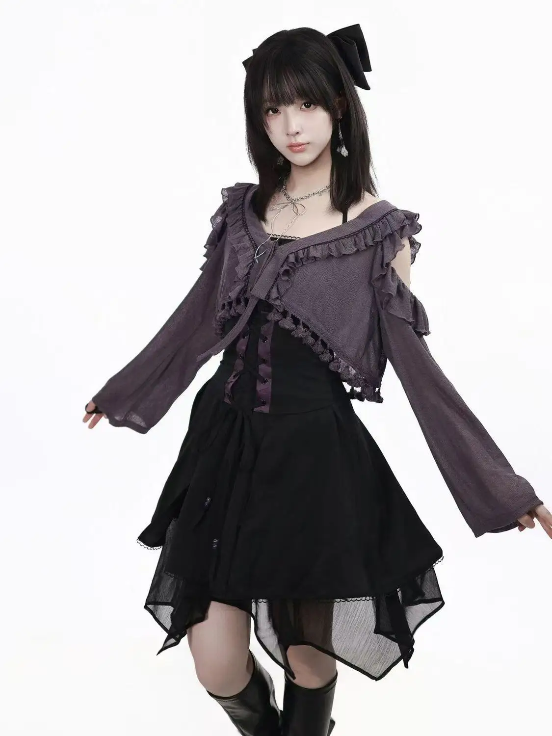 Gothic Lolita 2 Piece Set Women Dark Purple Ruffle Lace Cold Shoulder Lace Up Corset Midi Skirt Subculture Elegant Party Outfit