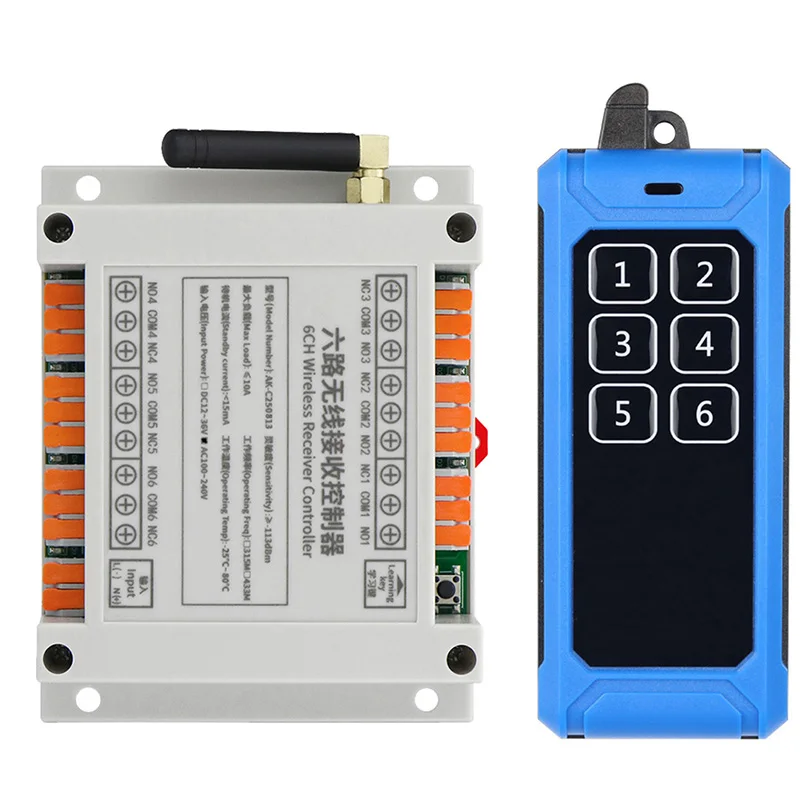 

50-1000 м постоянного тока, 12 В, 24 В, 36 В, 6 каналов, 6 каналов, беспроводной пульт дистанционного управления, светодиодный выключатель, релейный выход, радиочастотный передатчик и приемник 433 МГц