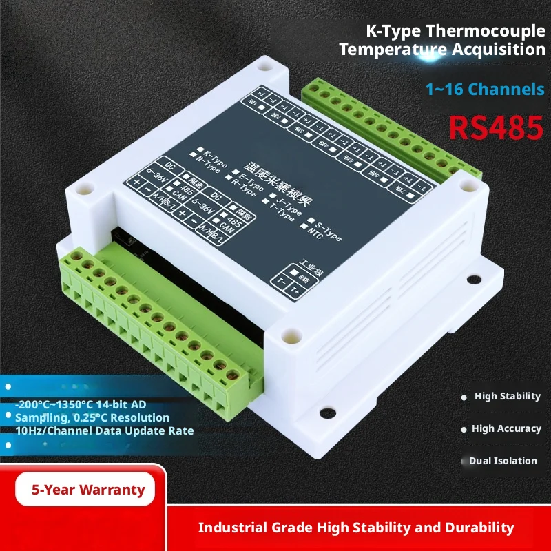 K-Type Thermocouple DAQ Module: 1-16ch, RS485 Modbus RTU, ±0.1°C, -270~1350°C, DIN Rail