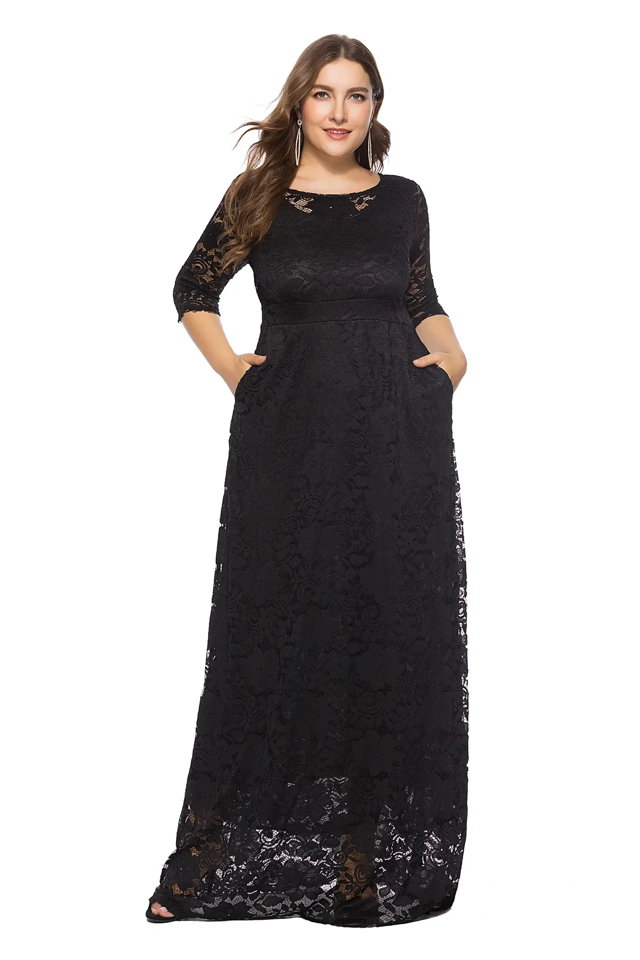 Plus Size Women's New Lace O-Neck Three-quarter Sleeves Pocket Evening Dress Bridesmaid Dinner Plus Size Party Dresses Vestito