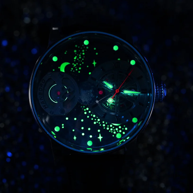 HANBORO Men Automatic Watch 44mm Mechanical Wristwatch 5ATM Rotatable Backgroud Luminous Cosmic Celestial Body Dial