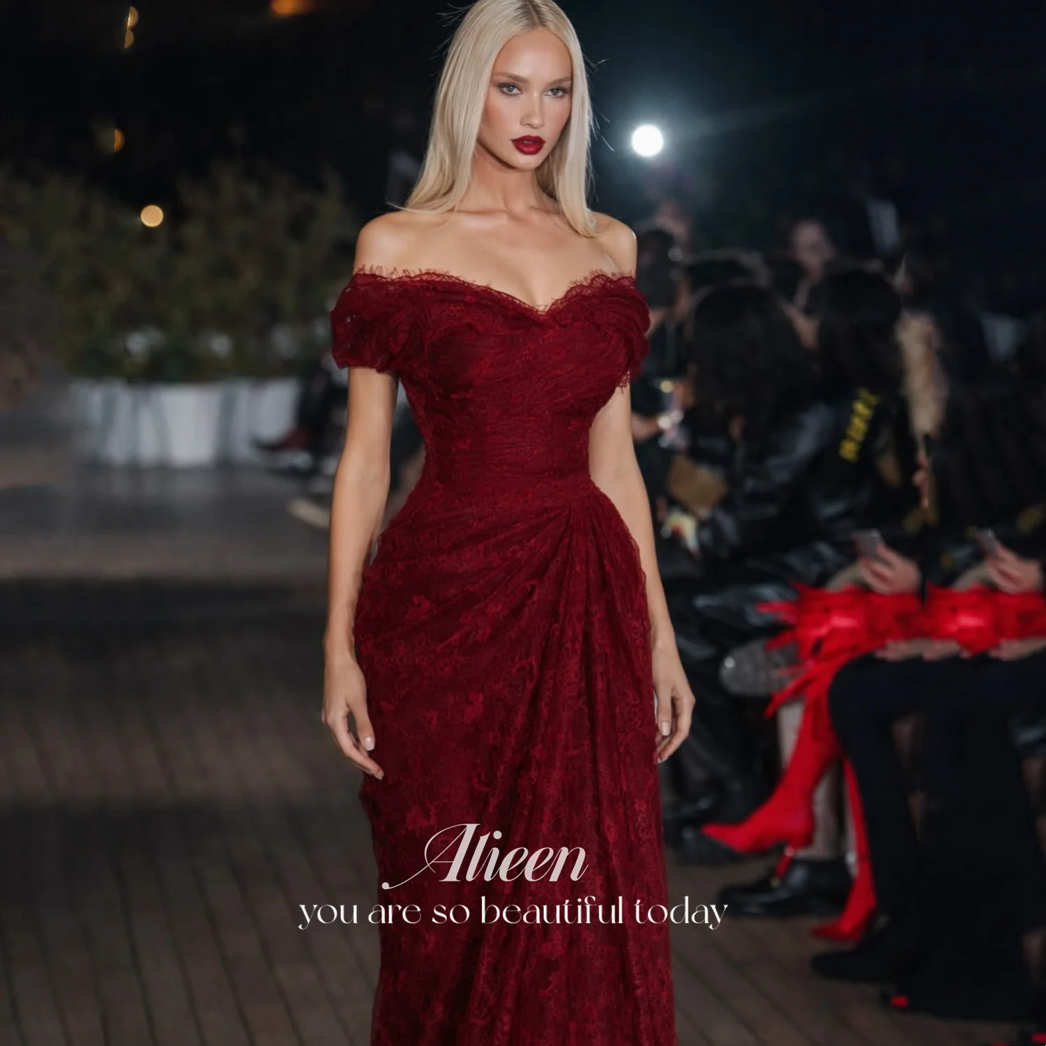 

Aileen Burgundy Lace Off Shoulder Evening Dress Hot Sale Short Sleeve Mermaid Floor-Length Ruffles Formal Party Dress Customized