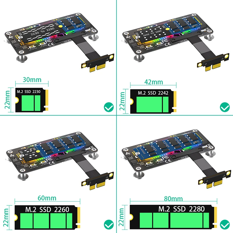 Cabo de extensão Riser Card com ventilador de refrigeração, LED RGB, Pad magnético, M.2 NVME, M-Key para PCI Express 3.0 X1, 5cm, 2230-2280, SSD