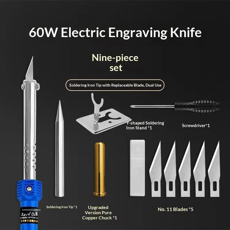 60W soldering iron and multi-functional hot cutter set, including 5 blades and 2 clips, mini handheld soldering iron for electr