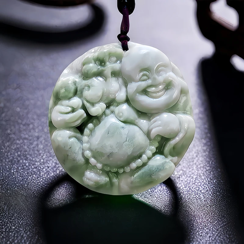 Green Natural Real Jade Maitreya Buddha Pendant Necklace Chinese Talismans Charm Luxury Amulet Stone Fashion Carved Jewelry