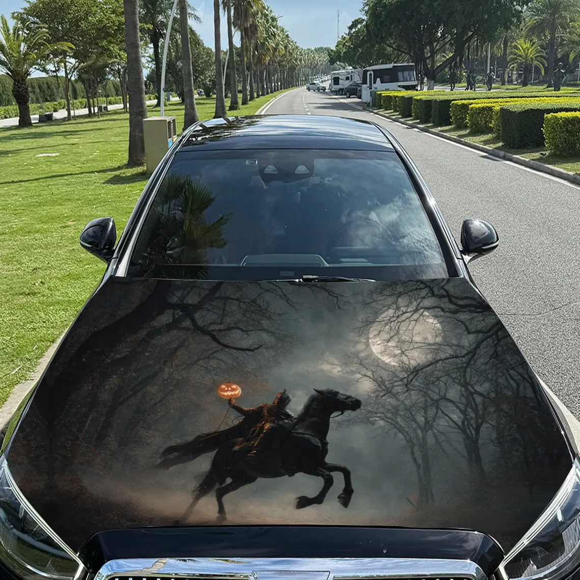 

Хэллоуин всадник с тыквой, автомобильная виниловая пленка, материал ПВХ, водонепроницаемая наклейка на капот автомобиля, самоклеящаяся устойчивая к царапинам наклейка