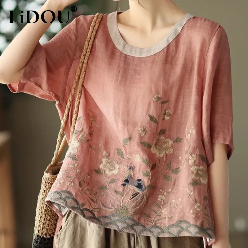 2023 Summer New Women\'s Clothing Round Neck Embroidered Patchwork Cotton Pullovers Short Sleeve Tops Women Comfortable T-shirt