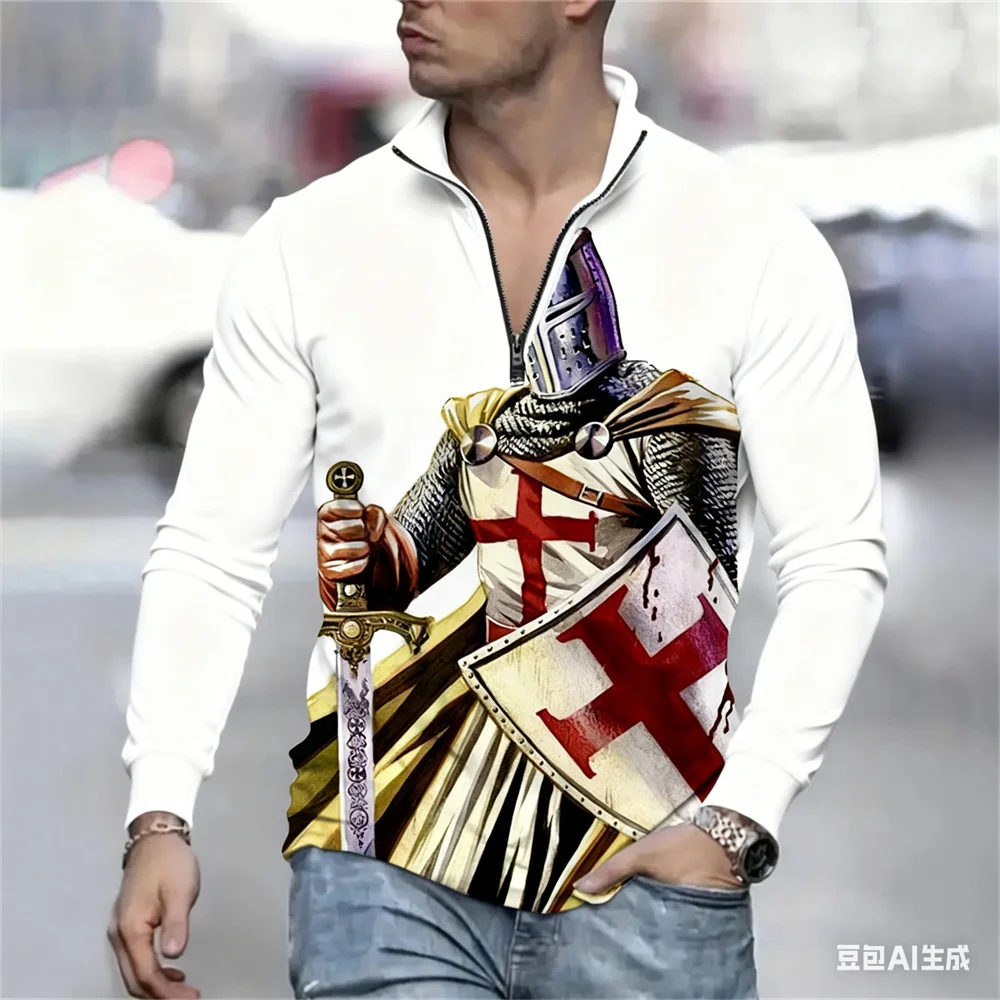 

Vintage Knight Graphic Men's Zipper Sweatshirts Fashion Cool Long Sleeve Half Zip Pullover Autumn Winter Outdoor Casual Clothing