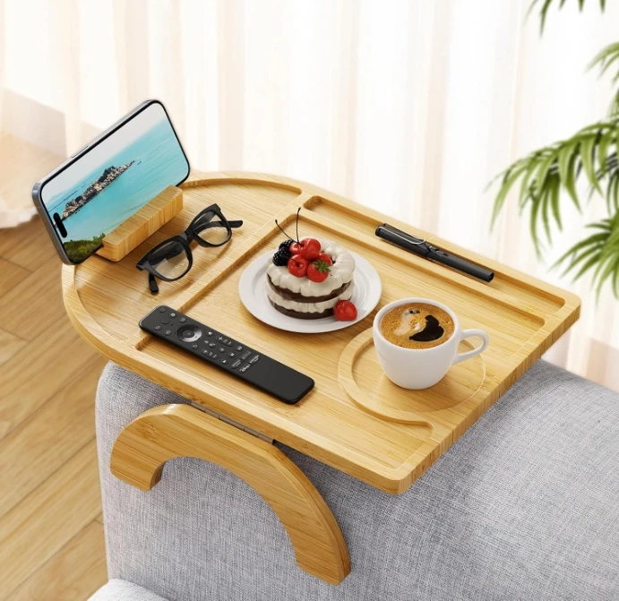 

Bamboo Sofa Tray Table Clip-on Pallet Sofa Table Non-slip Sofa Armrest Tray with 360° Mobile Phone Stand