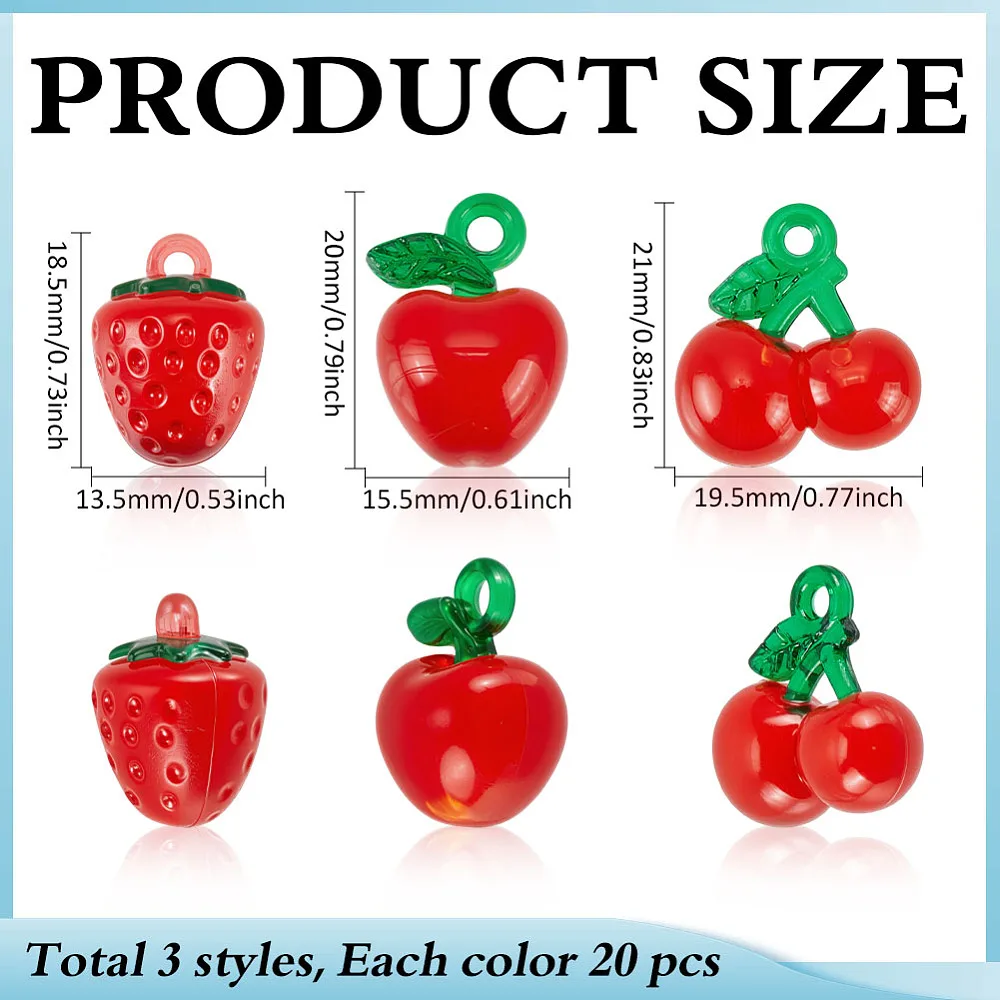 60Pcs Resin Cherry Charms 3 Styles Transparent Strawberry Pendants Dangle Charms Red Mini Cute 3D Imitaition Fruit Pendants