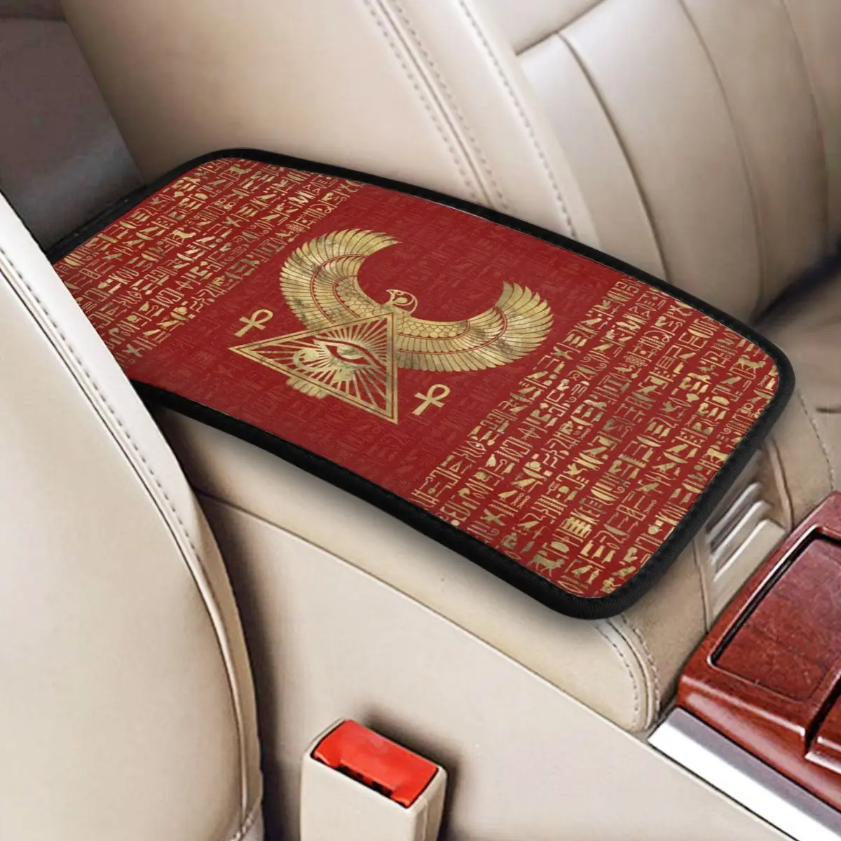 Armrest Cover Mat Eye Of Horus Center Console Cover Pad Egyptian Egypt Hieroglyphs Deities Mythology Gold Anubis Car Accessories