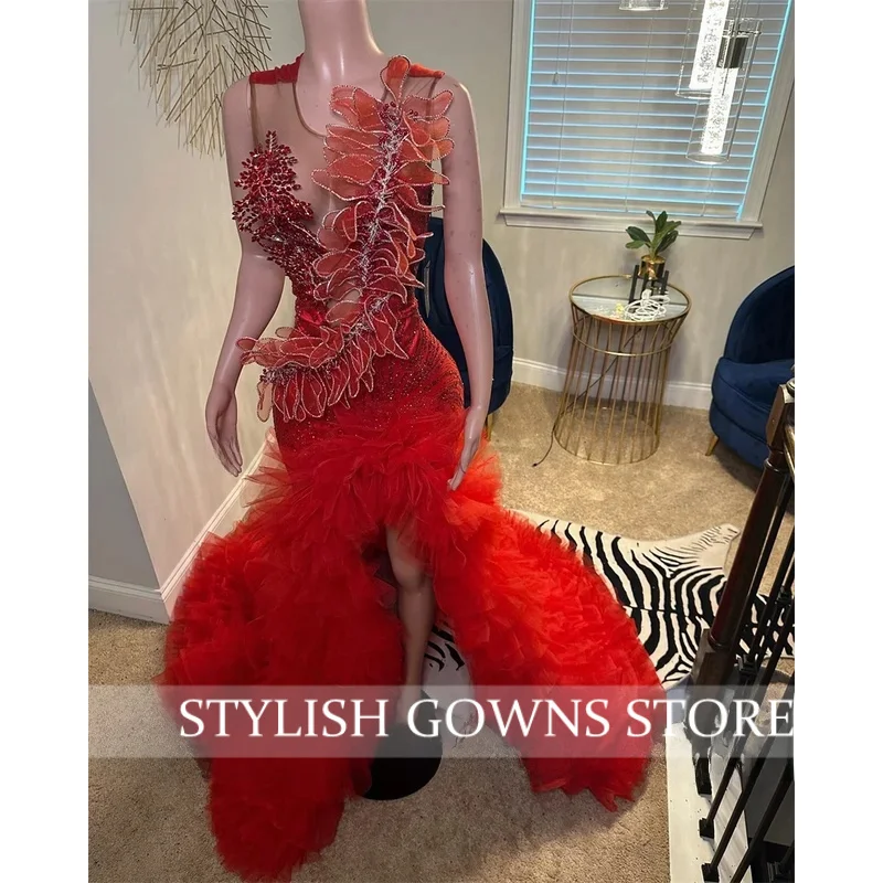 Luxe Rode Zeemeermin Galajurk 2026 Kraal Gelaagde Ruches Jurk Diamanten Applicaties Verjaardagsfeestje Avondfeest Jurken Aangepast