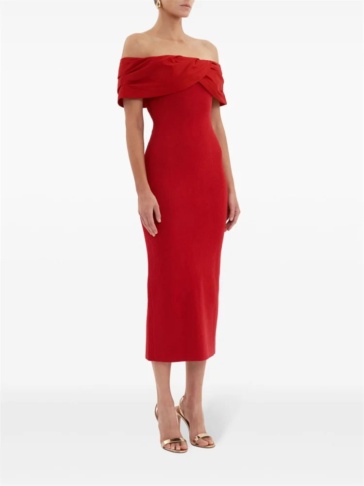 

Customized Red Off-shoulder Draped Slim-fit Midi Dress Sleeveless Bandeau Draped Neckline Back Slit Elegant Evening Dress