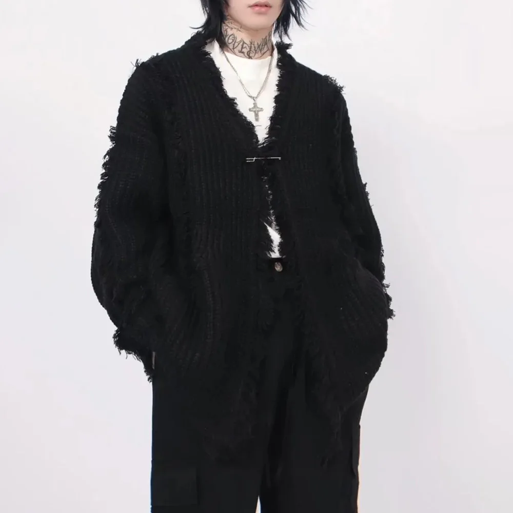 Y2k Mens Sweater Irregular Tassel Design Knitted Jacket Autumn Casual Versatile Atmosphere Solid Color Top Men\'s Clothing Unisex