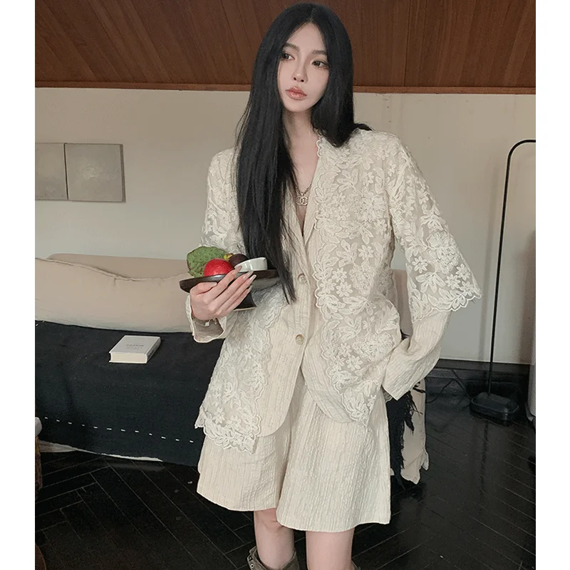 MiiiiX Casual Linen Texture Three-piece Suit Lace Cardigan Smock Lapel Loose Jacket Coat Shorts Sets 2024 Autumn Women's Clothes