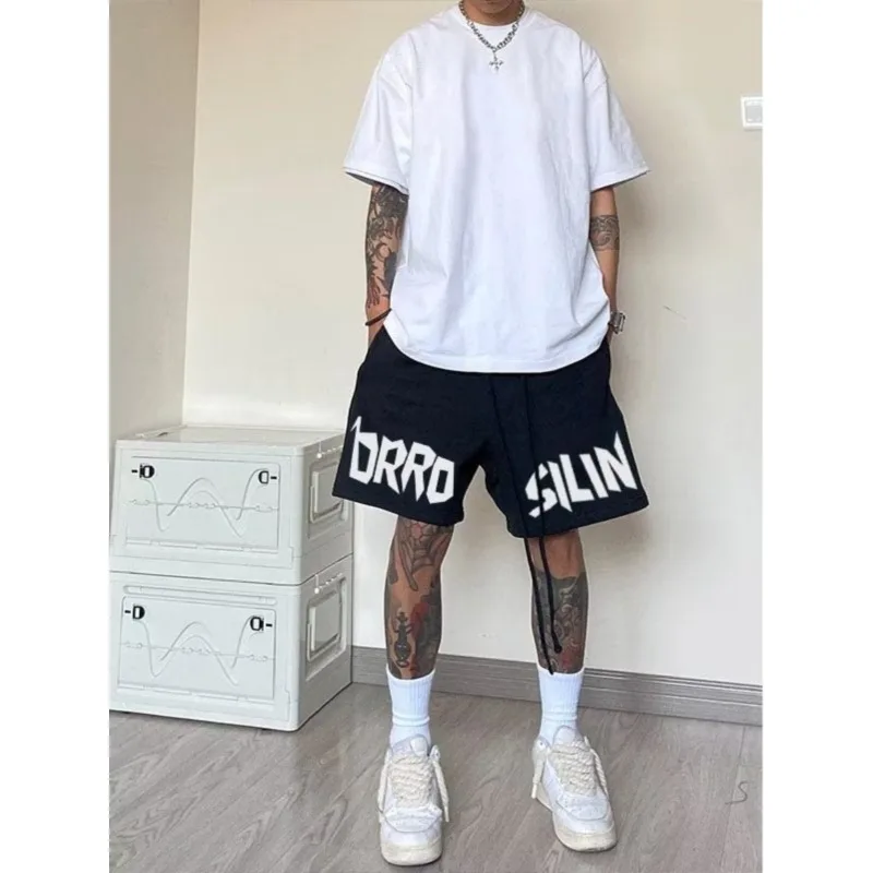 

American Street Basketball Shorts Men's Summer Loose Letter Printed Casual Straight Leg Five Quarter Pants Versatile