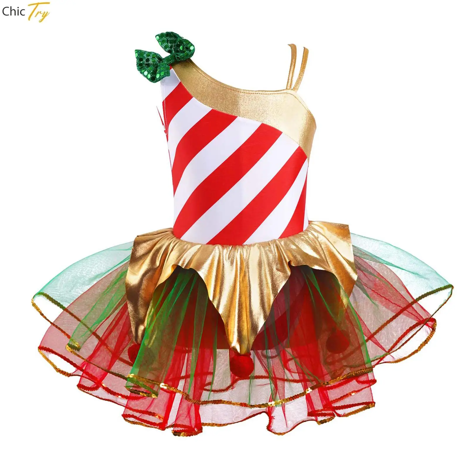 

Teen Girls Christmas Costume Asymmetrical Shoulder Sleeveless Glossy Striped Tutu Ballet Leotards Child Dancewear Lyrical Dress