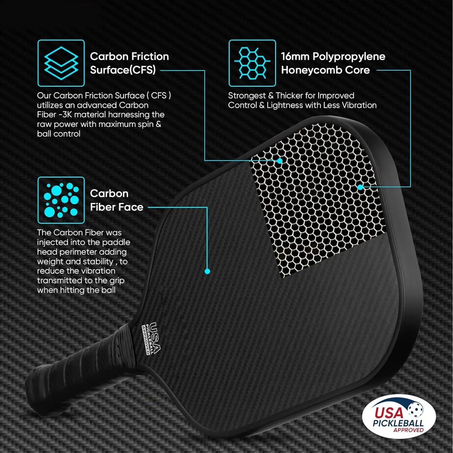 Pickleball Paddle 3K Carbon Fiber Surface 16MM PP Honeycomb Core USAPA Compliant Enhanced Power Sweet Spot  Anti-slip Hand Grip