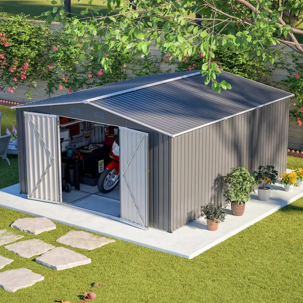 

Large Outdoor Steel Storage Shed with Floor, Lockable Double Doors, Ideal for Garden Tools, Bicycles, and Patio Furniture