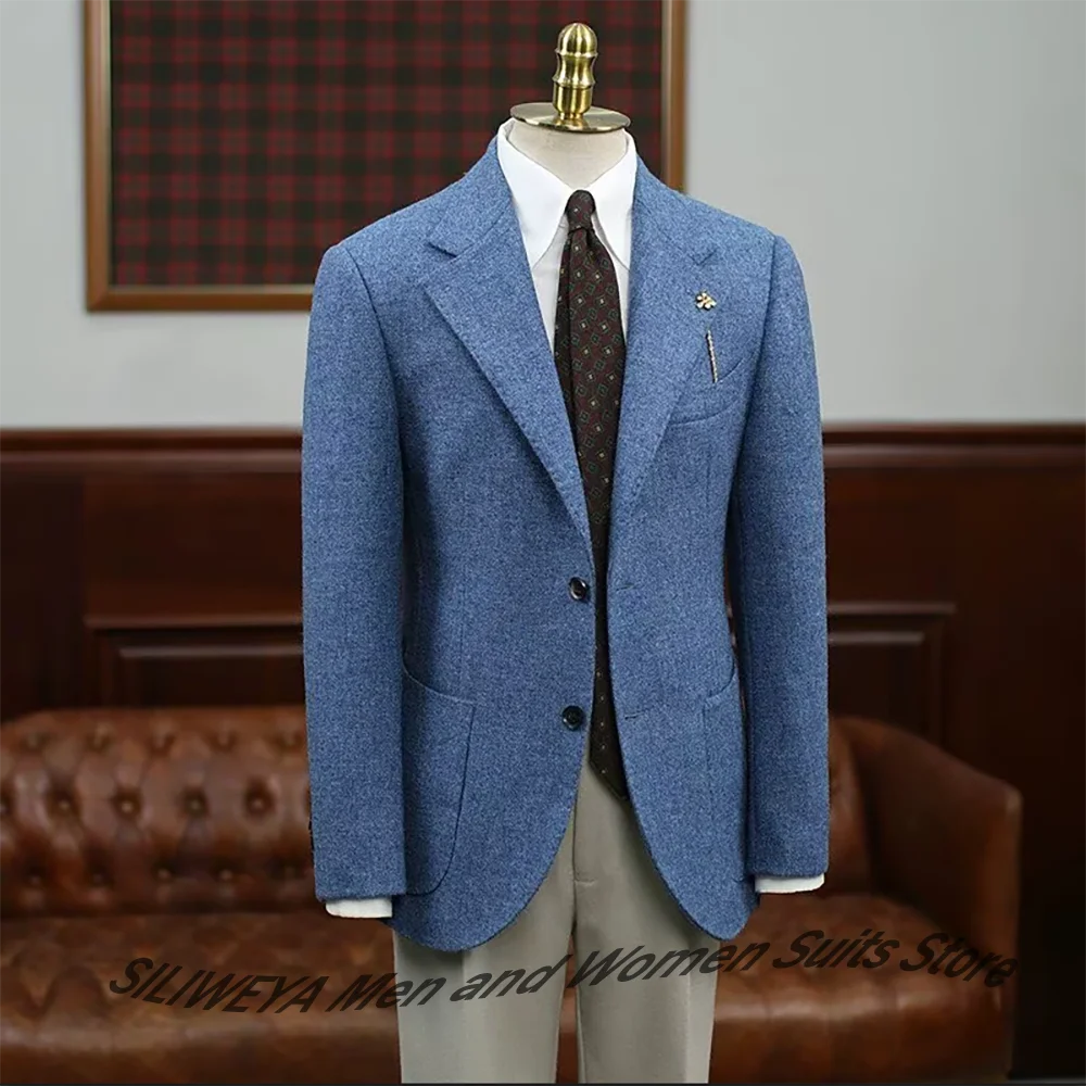 Timeless Blue Textured Suits for Men Single Breasted Notch Lapel Blazer Classic Two Piece Set Formal Business Casual Jacket