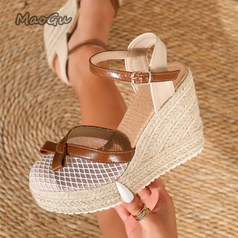 Size42 Women's Mesh Bow Espadrille Wedge Sandals Cover Toe Platform Shoes Breathable Bohemian Summer Espadrilles Sandalias Mujer