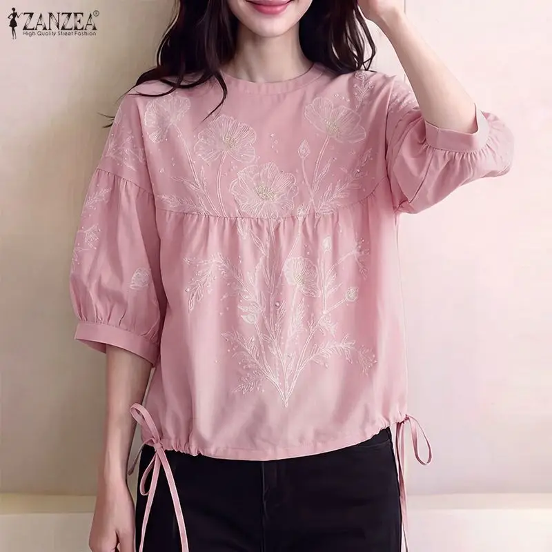 Women Blouse Floral French Vintage Blusas Tunics ZANZEA 3/4 Lantern Sleeve Round Neck Drawstring Hem Blusas Loose Babydoll Tops