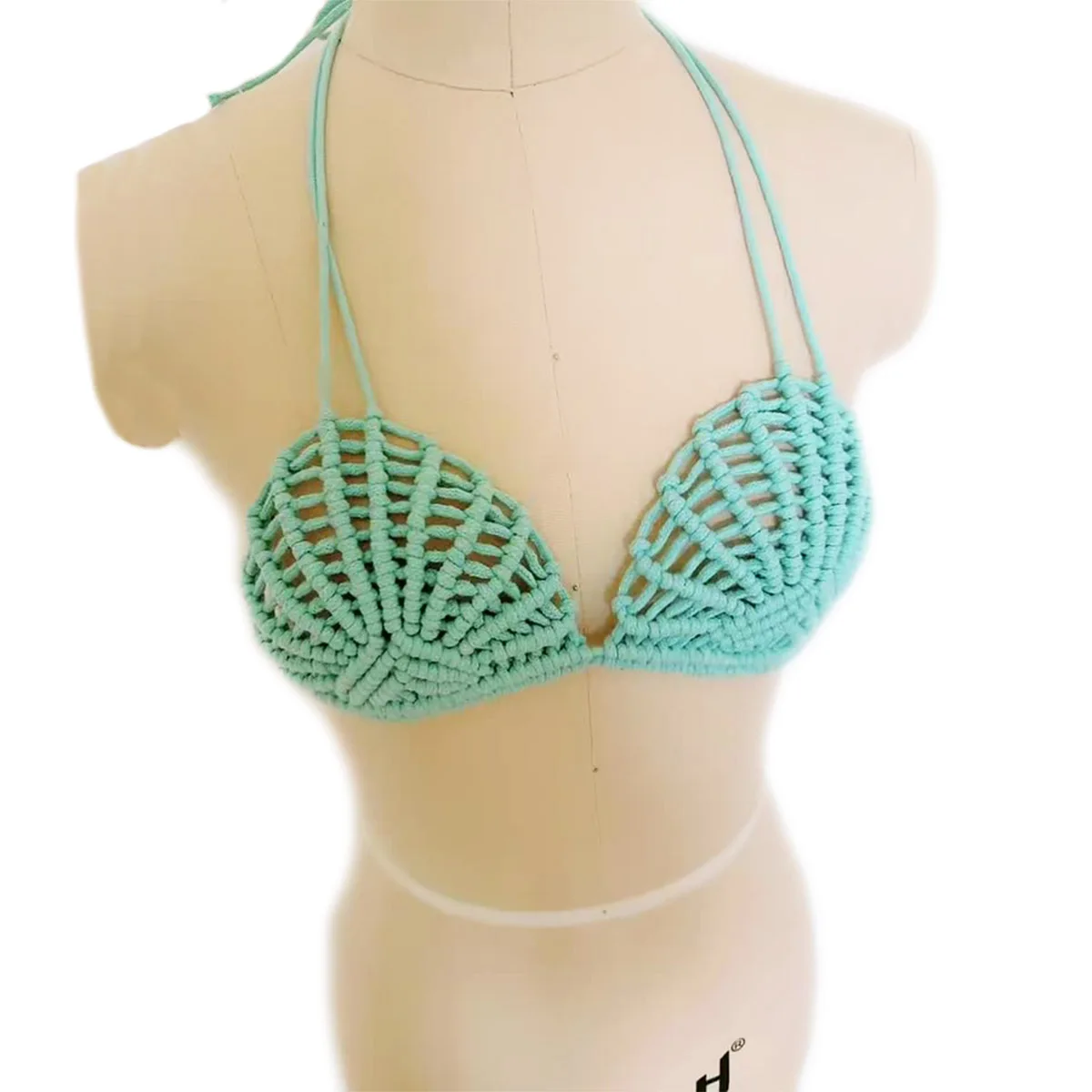 ハンドメイドの青い貝殻マクラメブラ、女神マーメイドビスチェ、ボヘミアンビキニトップ、ビーチカバーアップ、セクシー水着、レイブ衣装、編み込みトップ