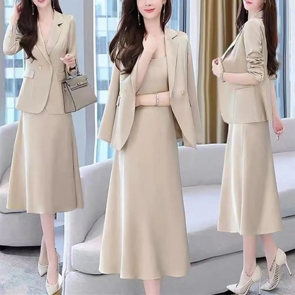 2 Pcs/Set Women Coat Pants Suit Turn-down Collar Long Sleeves Suit Coat A-line Sleeveless Strappy Dress OL Commute Formal Busine