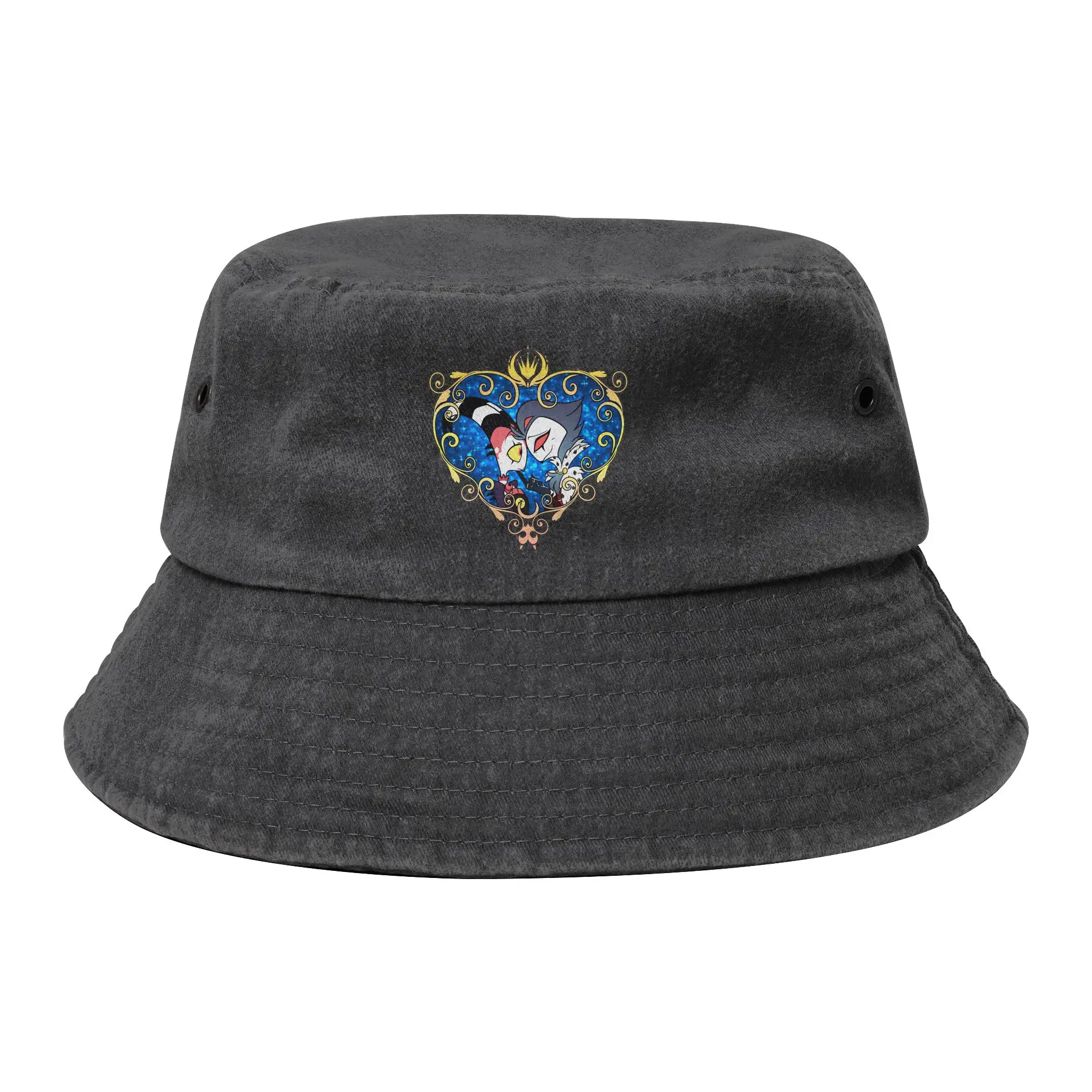 Stolas Blitzo Heart Frame Bucket Hat for Teen Helluva Boss Distressed Denim Sun Hats UV Protection for Vacation Fishing Caps