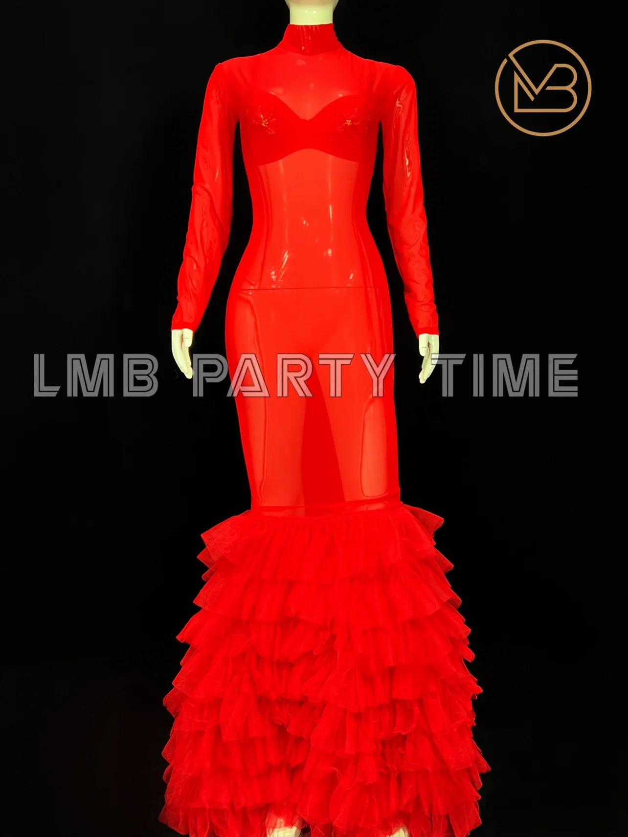 Weihnachten rot Neujahr chinesischen Stil Gogo Performance-Kleid mit Mesh langen Rock