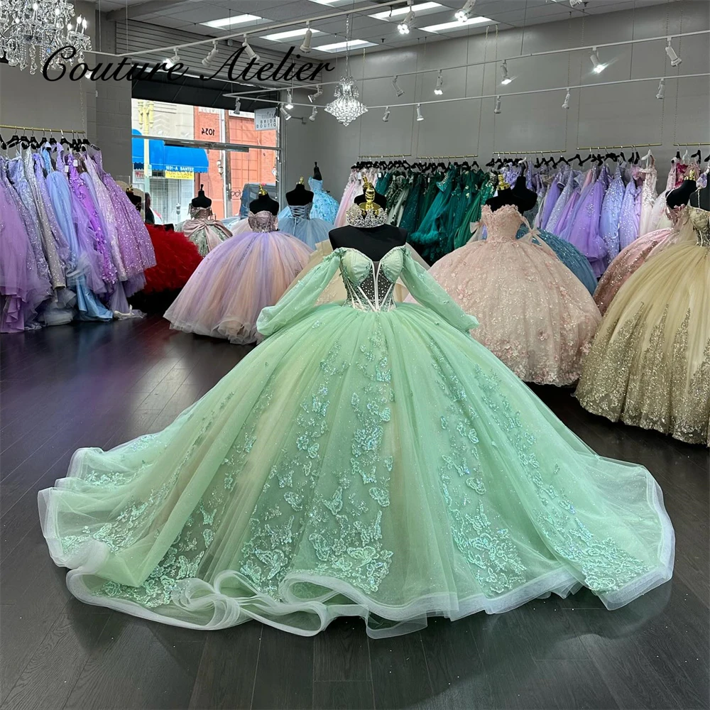 

Green Beaded Lace Applique Quinceanera Dresses Three Quarter Puff Sleeves Mexican Ball Gown For 15 Years Old Girls Customized