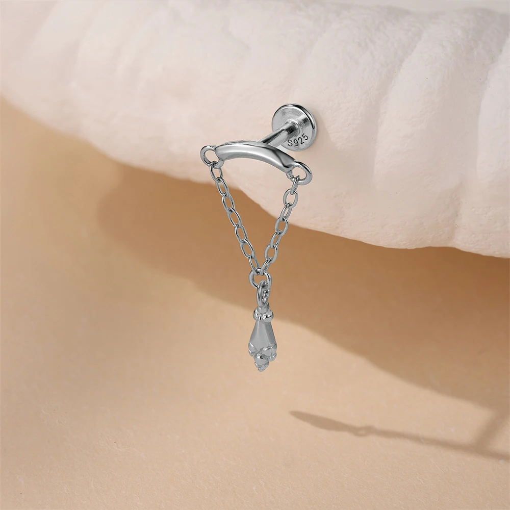 AIDE 925 Sterling Silber Geometrische Glatte Ketten-Quasten-Ohrringe für Damen, Knorpel-Spiral-Piercing, flache Rückseite, zum Schlafen tragbar – Detail 5