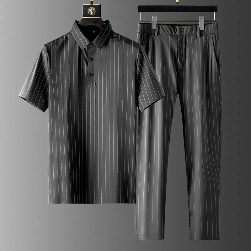 2024 Summer New Fashion Striped Ice Silk Suit Men\'s Casual Relaxed Comfortable Breathable High Quality Plus-Size Two-Piece Set