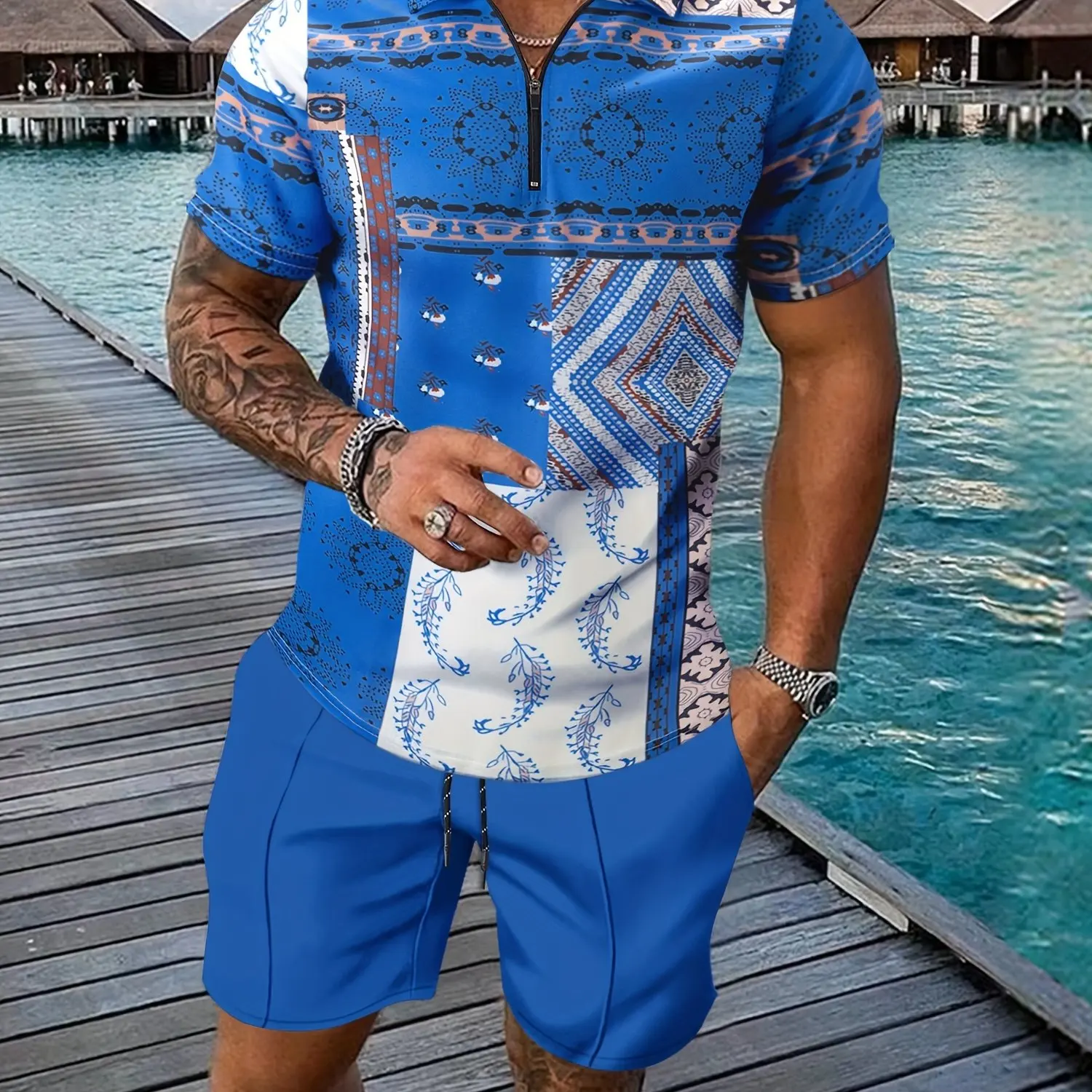 

A Casual Set Of 2 Pieces Of Hawaiian Sportswear With A Retro Ethnic Style Zipper Lapel Polo shirt, Short Sleeves And Shorts