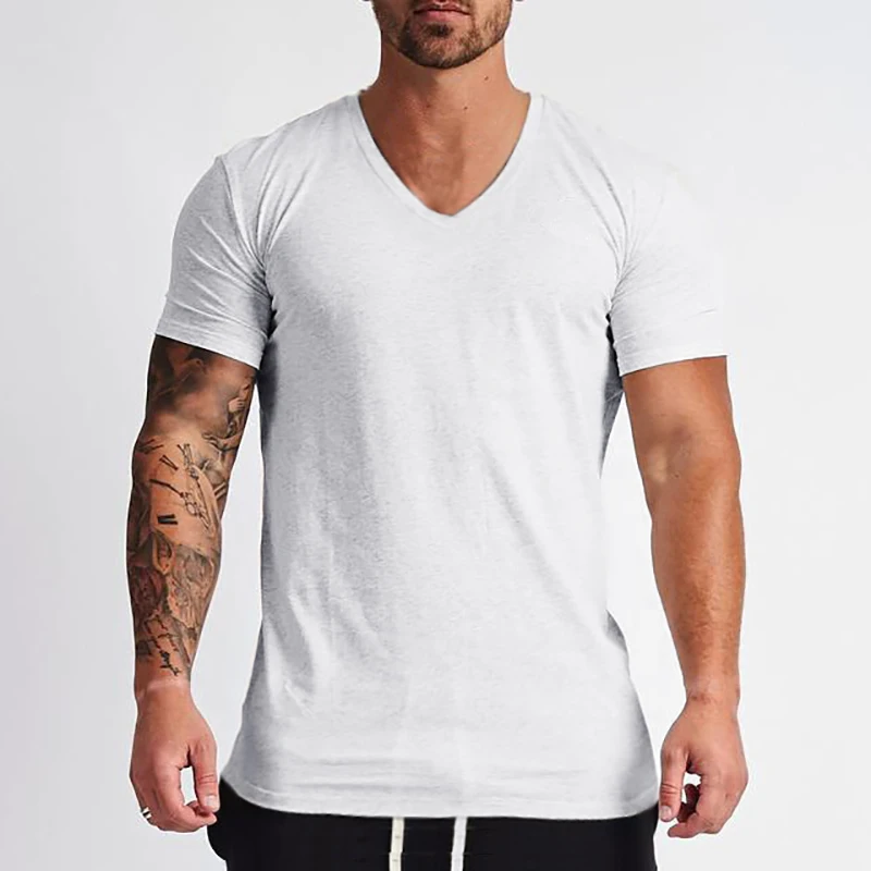 New Fashion V-Neck T-shirt Men Cotton Slim Fit Short Sleeve T Shirt Male Fitness Workout Tees Summer Bodybuilding Gym Clothing