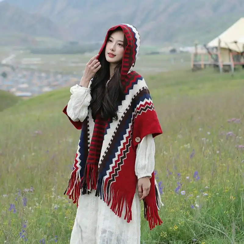 Ethnic Style Hooded Cape Style Shawl Travel Outfit, Warm Knit Sweater Jacket, Scarf Sweaters for Women Winter Clothes Women