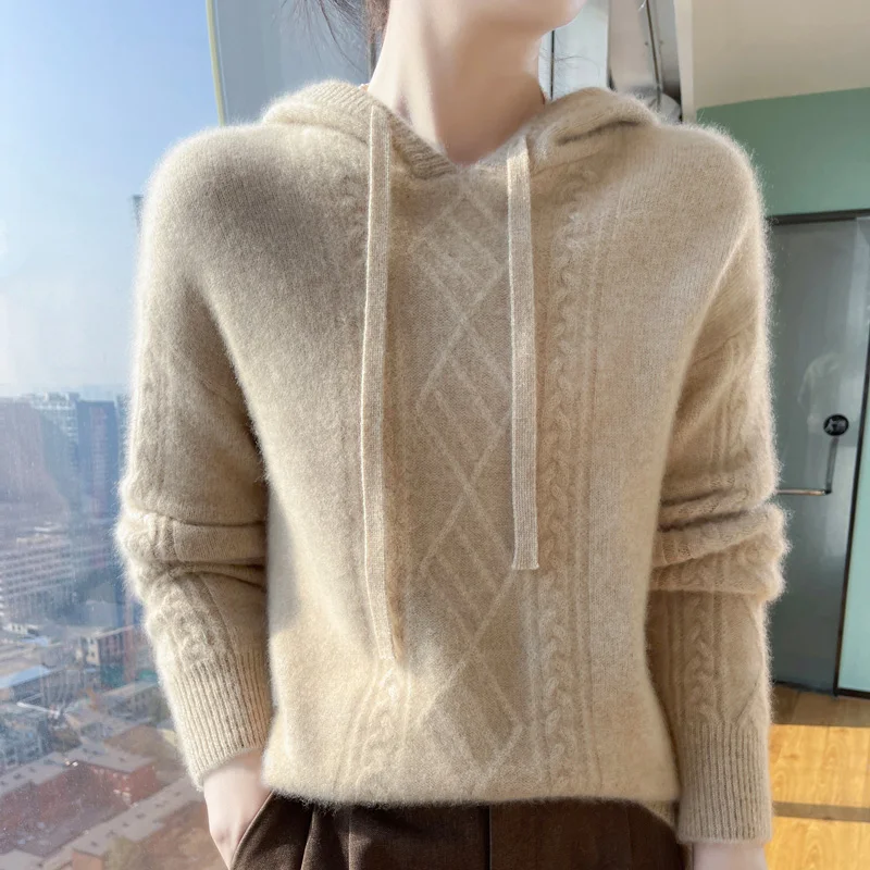 Hot sale new style  cashmere wool ladies hooded sweater loose high-end long-sleeved knitted solid color wool pullover winter