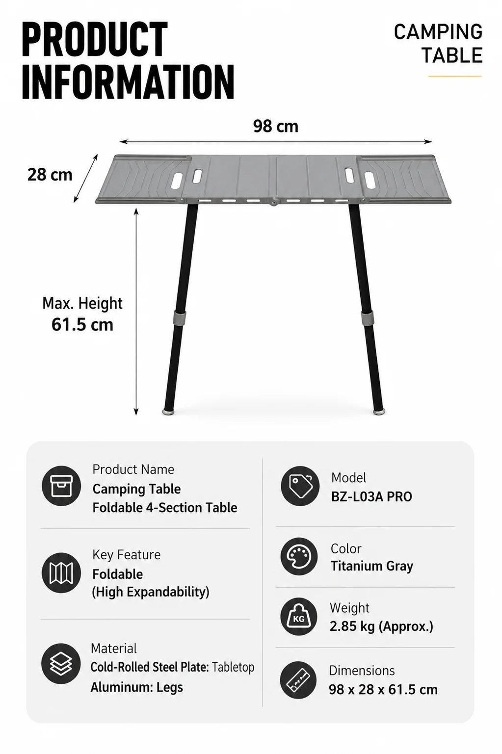 Klappbarer Campingtisch, leichter Outdoor-Tisch mit 4-stufig verstellbaren Beinen, multifunktionaler Kochtisch, Windschutz & Tasche – Detail 15