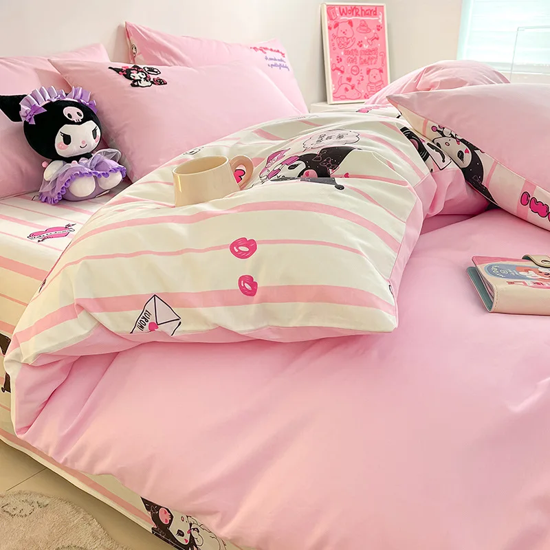 New Cartoon Kulomi Cotton Four-piece Quilt Set Cute Girl Heart Sanrio Sheet Three-piece Children's Cartoon Bed Accessories