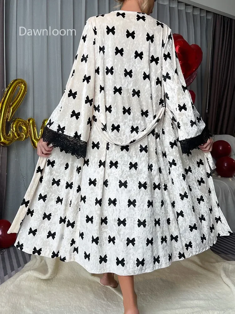 Women's Velvet Bow-Knit Lace Nightgown Long Strap Fitted Bodice Black White Contrasting Home Wear Outerwear