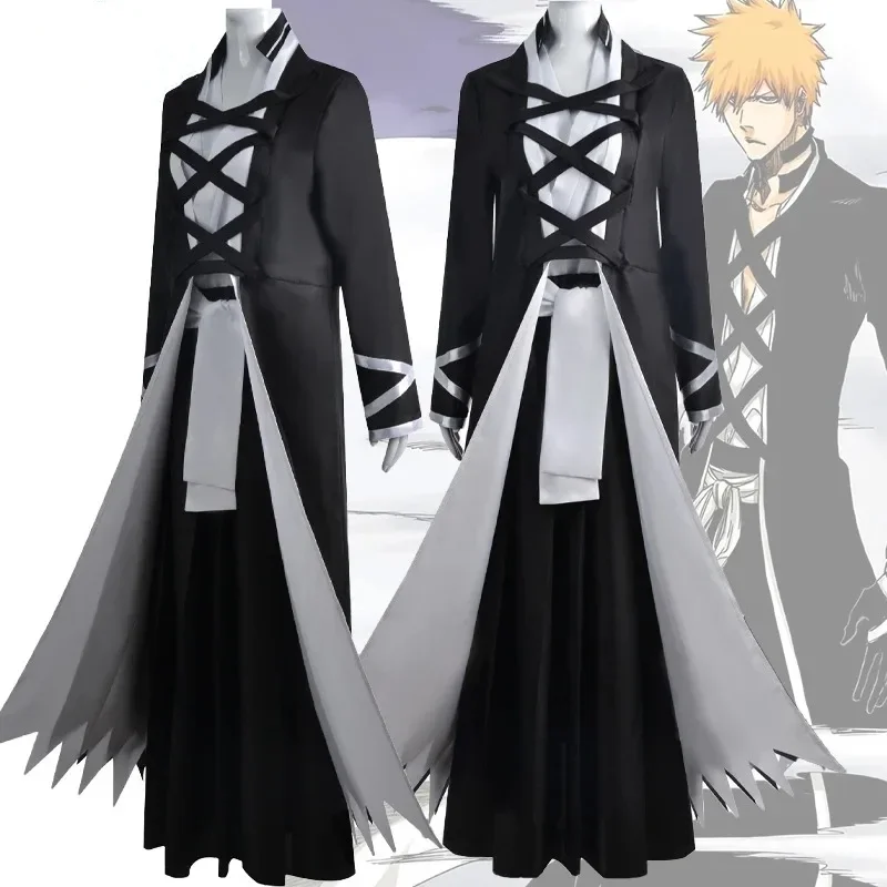 Disfraz de Cosplay de Ichigo Kurosaki del Anime BLEACH, Uniforme de Juego de Rol del Manga Japonés, Traje Blanco y Negro, Ropa de Halloween para Hombre