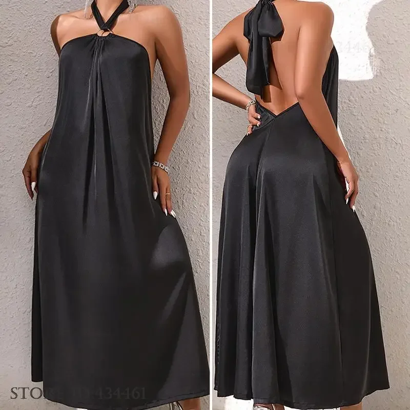 

Sexy Backless Long Nightgown Loungewear Spring Summer New Chemise Sleepwear Nightdress Loose Casual Ice Silk Home Dress Nighty